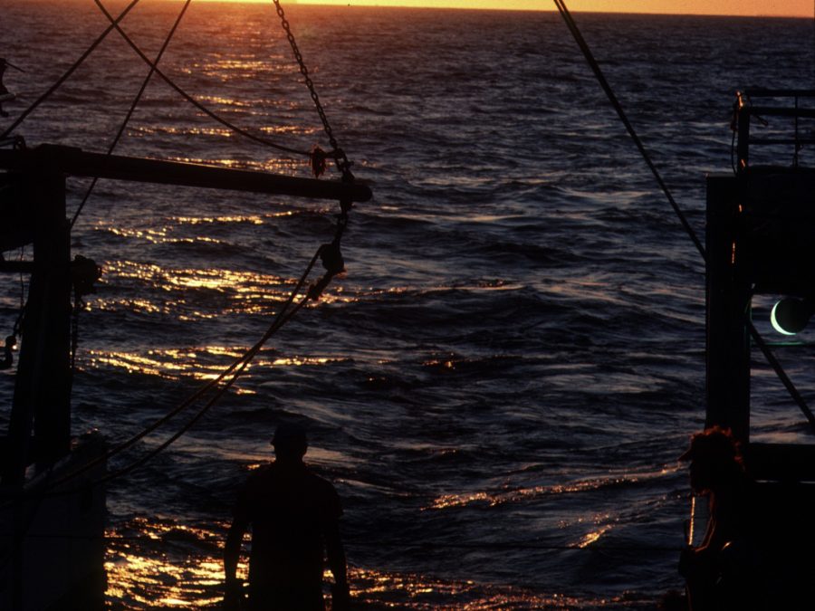 Cable ship bridge at night during an active lay operation