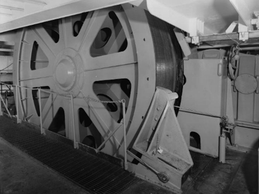 Spooled cable on a cable ship's turntable before departure